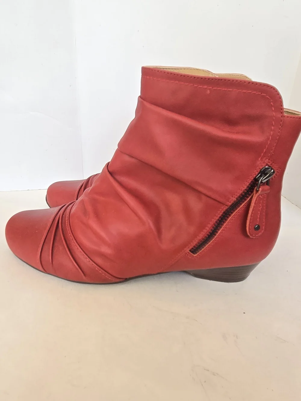 Women's Red Ruched Ankle Booties with Side Zip